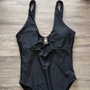 Black One-Piece High Cut Low Back Swimsuit with Gold Accent